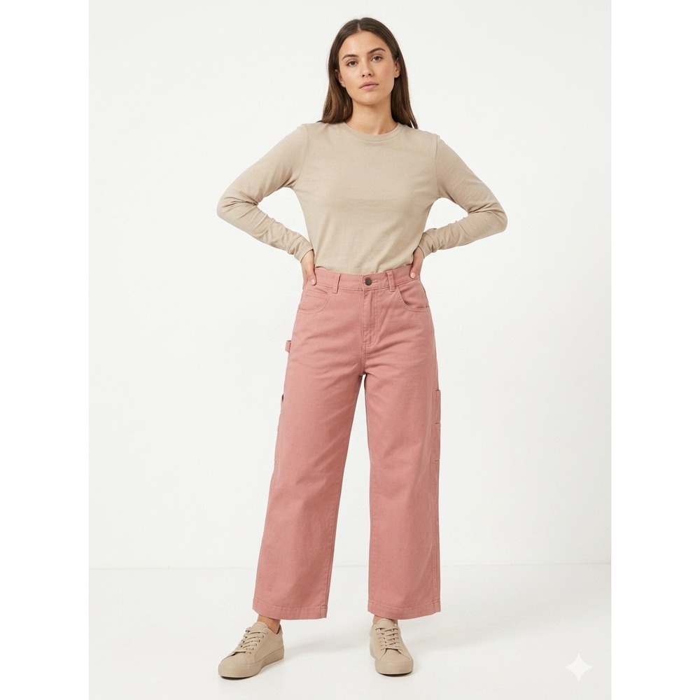 Dickies Womens Cropped Carpenter Pants Pink High Rise Wide Leg Cotton Size 4
